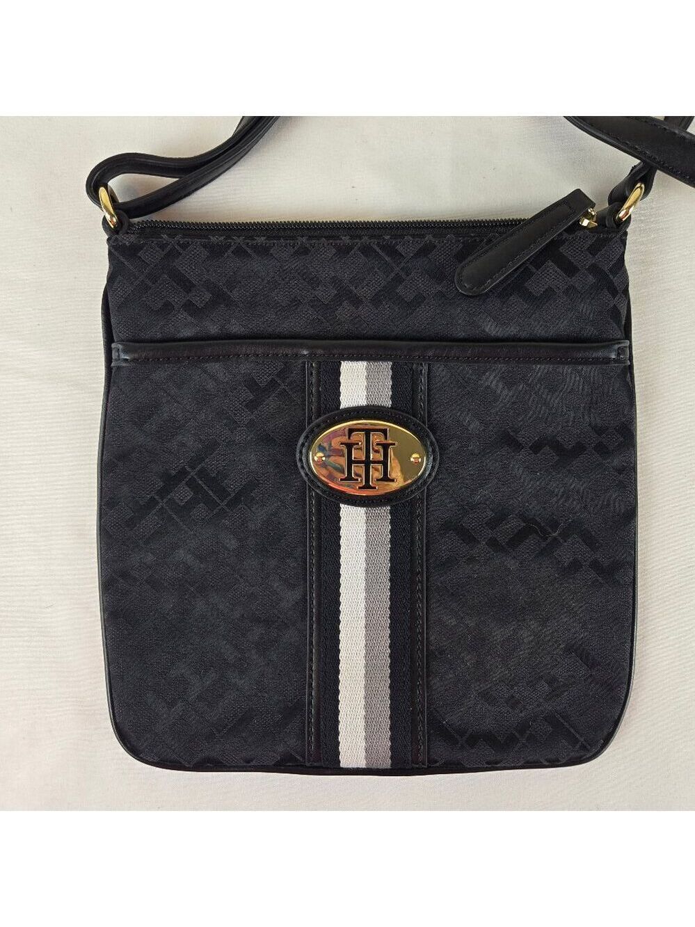 Tommy Hilfiger Black Canvas Logo Crossbody Faux Leather Trim Adjustable Strap